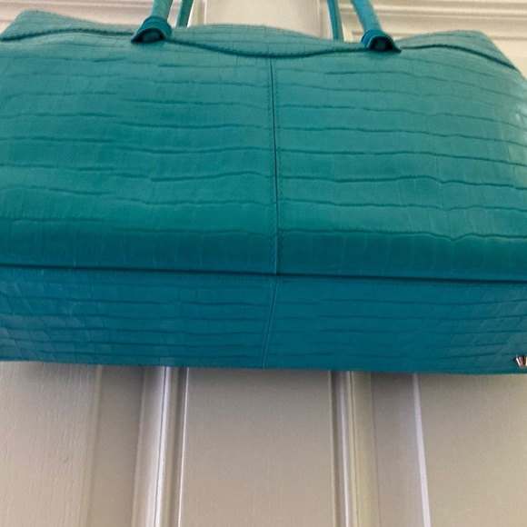 Maxx NY Croco Embossed Leather Double Handle Satchel/Turquoise/EUC/REDUCED PRICE - Picture 5 of 15